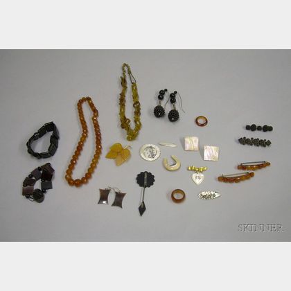 Assortment of Victorian and Later Amber, Mother-of-Pearl, Tortoiseshell, and Black Jet Jewelry. 