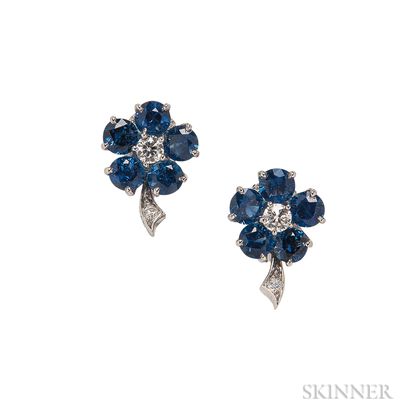 Platinum, Sapphire, and Diamond Flower Earrings