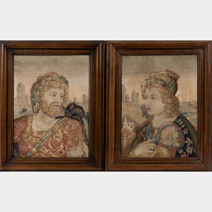 Pair of Framed Brussels Tapestry Portraits