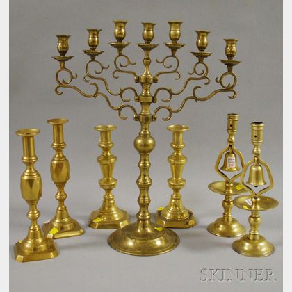 Brass Seven-light Candelabrum and Three Pairs of Candlesticks