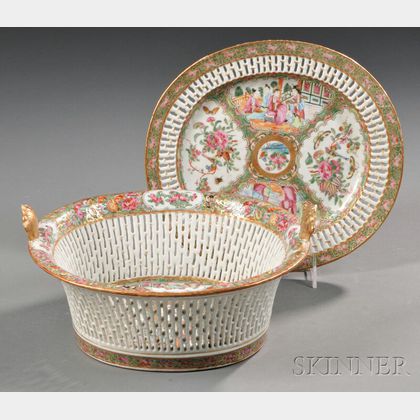 Rose Medallion Reticulated Oval Porcelain Fruit Basket and Undertray