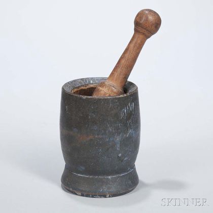 Turned and Blue-painted Mortar and Pestle