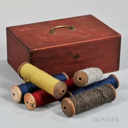 Red-painted Sewing Box with Six Yarn Spools