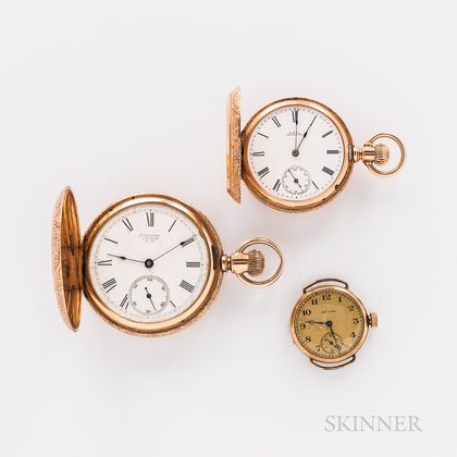 Two 14kt Gold Hunter-case Watches and a Converted Wristwatch