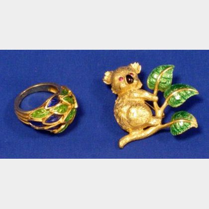 18kt Gold and Enamel Koala Pin and an 18kt Gold and Enamel Ring. 