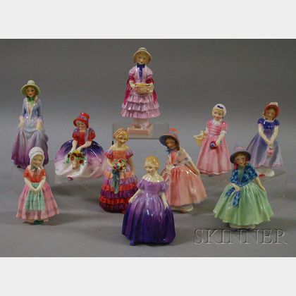 Ten Small Royal Doulton Porcelain Figures of Girls and Young Women
