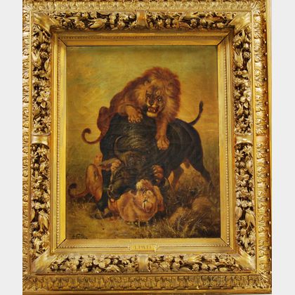 L. Folta (Italian, 19th Century) Lions Attacking a Buffalo