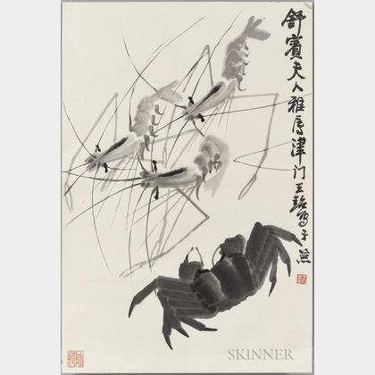 Ink Painting Depicting a Shrimp and Crab