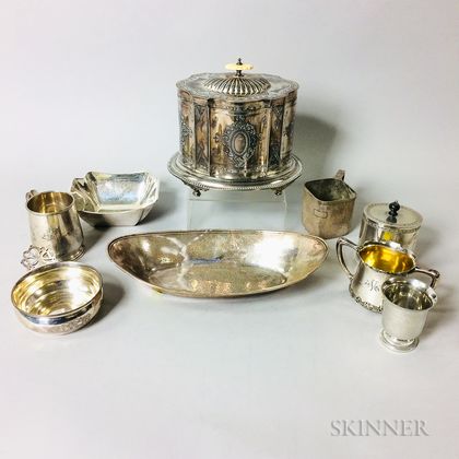 Eight Pieces of Sterling Silver Tableware and a Silver-plated Biscuit Tin