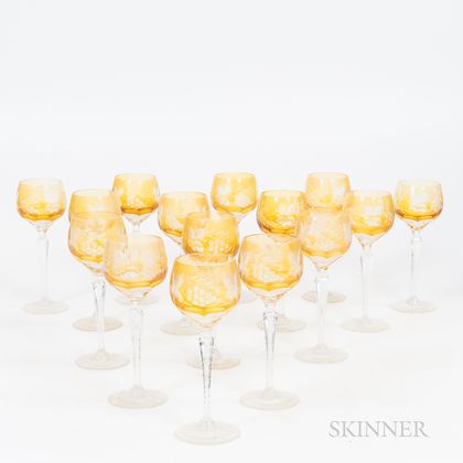 Set of Fifteen Bohemian-style Etched Amber Glass Wines