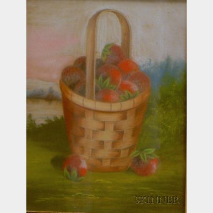 J.S. Bower (American, fl. circa 1850) Basket of Strawberries Set in a Lakeside Landscape