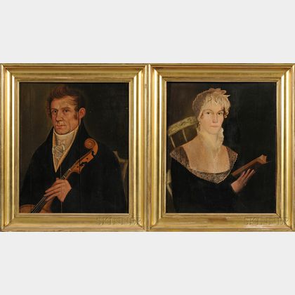 American School, 19th Century Pair of Portraits: Elisha Wales with a New England Church Bass Viol