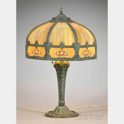 Salem Bros. Painted Cast Iron and Metal Overlay Bent Slag Glass and Painted Glass Table Lamp