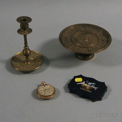 Two Brass Items, a Micromosaic Paperweight, and a Glass Pocket Watch
