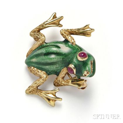 14kt Gold and Enamel Frog Brooch