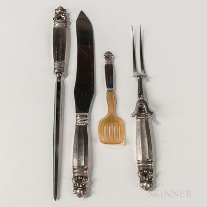 Three-piece Georg Jensen Sterling Silver "Acorn" Pattern Carving Set and a Herring Server