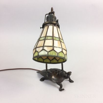 Small Bronze and Slag Glass Turtle-form Desk Lamp