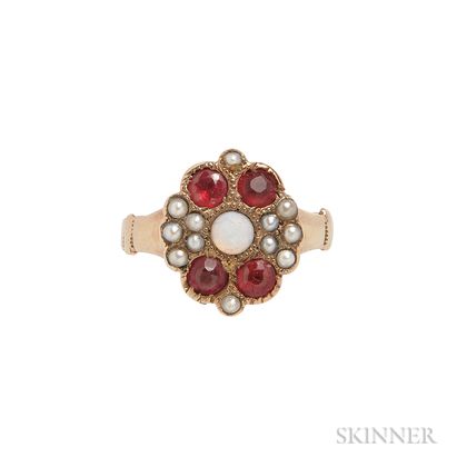 Antique Gold, Red Stone, Opal, and Seed Pearl Ring