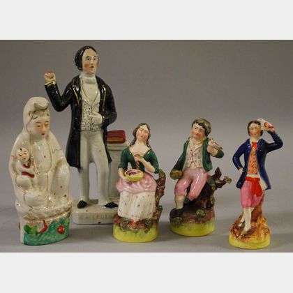 Four Assorted Staffordshire Ceramic Figures and a Chinese Export Porcelain Figure