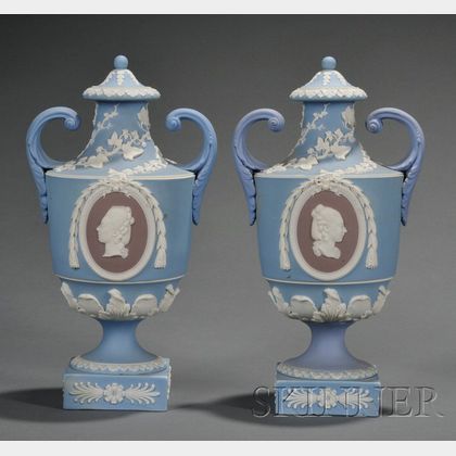 Pair of Wedgwood Three Color Jasper Dip Vases and Covers