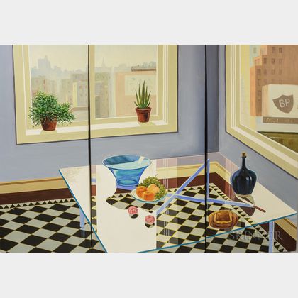 Hing Biu (American, b. 1951) Triptych: Interior with Glass Coffee Table and Skyline View