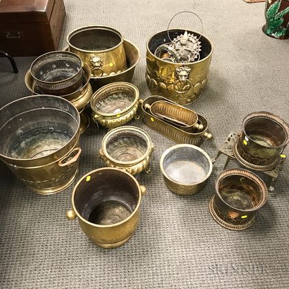 Large Group of Brass Jardinieres and Hearth Items. Estimate $150-250