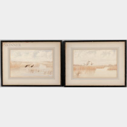 Joseph Day Knap (American, 1875-1962) Two Watercolors of Ducks in Flight over a Marsh