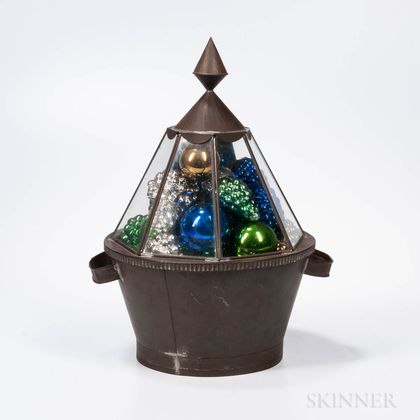Round Tin and Glass Box with Approximately Thirty-four Kugel Ornaments
