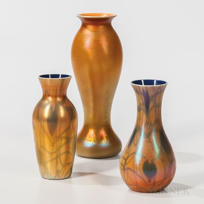 Three Imperial Art Glass Iridescent Gold Vases
