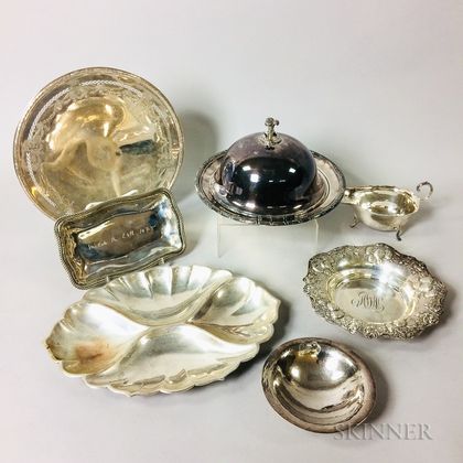 Six Pieces of Sterling Silver Tableware and a Silver-plated Covered Dish
