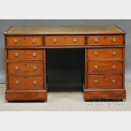 Georgian-style Mahogany and Mahogany Veneer Flat-top Double-pedestal Desk with Gilt-tooled Green Leather-inset Top