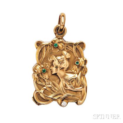 Art Nouveau 18kt Gold, Diamond, and Emerald Locket, 