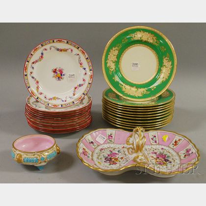 Two Set of Mintons Porcelain Plates, a Small Copeland Footed Bowl, and a KPM Gilt and Hand-painted Porcelain Divided Dish
