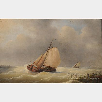 Attributed to Louis Charles Verboeckhoven (Dutch, 1802-1889) A Dutch Barge Running for Shelter