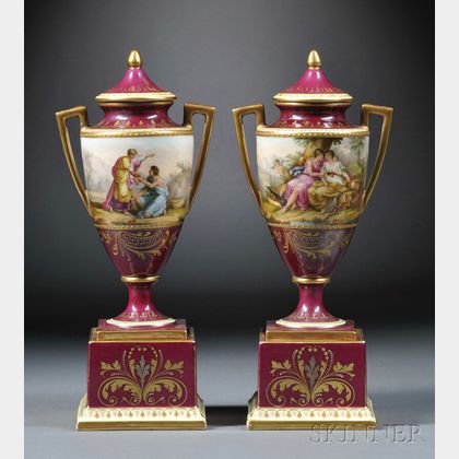 Pair of Vienna Porcelain Mantel Vases and Covers
