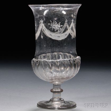 Colorless Blown and Tooled Engraved Glass Celery Vase
