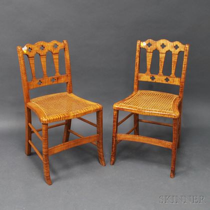 Pair of Caned Tiger Maple Side Chairs