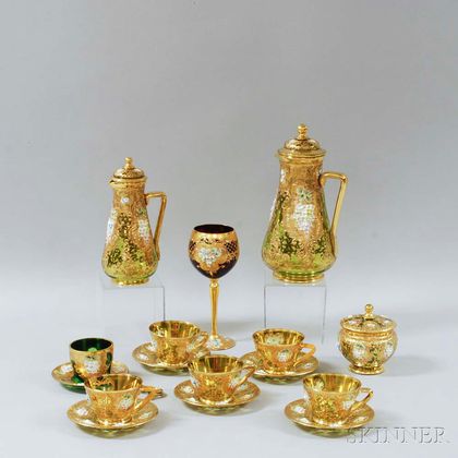 Sixteen Pieces of Gilt and Enameled Colored Glass Tableware
