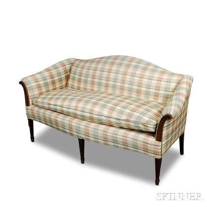 Federal-style Upholstered Walnut Camelback Settee