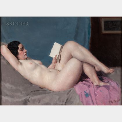 Louis François Biloul (French, 1874-1947) Reclining Nude with Book