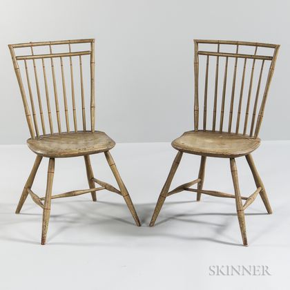 Pair of Light Green/gray-painted Rod-back Windsor Chairs