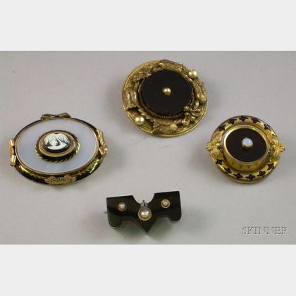 Four Victorian Onyx Mourning Brooches