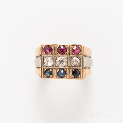 18kt Bicolor Gold, Sapphire, Ruby, and Diamond Ring