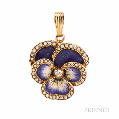 Antique 14kt Gold, Enamel and Diamond Pansy Pendant/Brooch