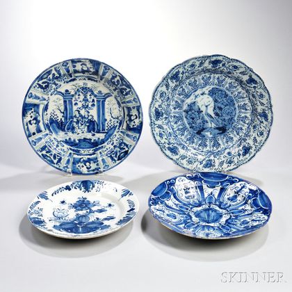 Four Dutch Delftware Blue and White Chargers