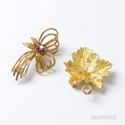 18kt Gold, Ruby, and Diamond Retro Brooch and 18kt Gold and Diamond Leaf Brooch