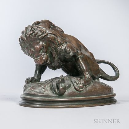 After Antoine-Louis Barye (French, 1795-1875) Bronze Figure of a Lion and Snake