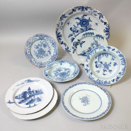 Five Delft Plates, Two Bowls, and a Charger