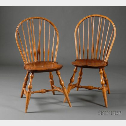 Two Wallace Nutting Windsor Oak, Maple, and Pine Braced Bow-back Side Chairs