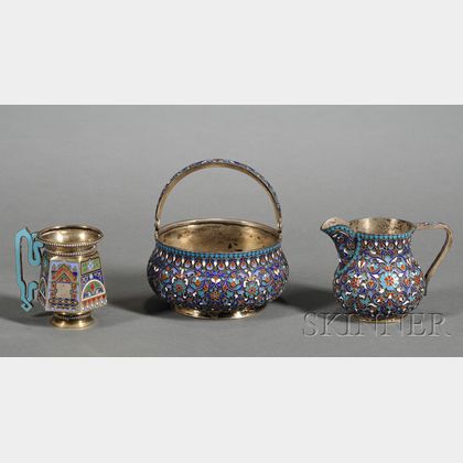 Three Russian Silver and Enamel Tableware Items